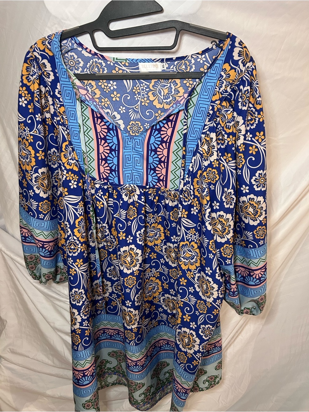 Blue Floral Long-Sleeve Boho Dress - Unbranded